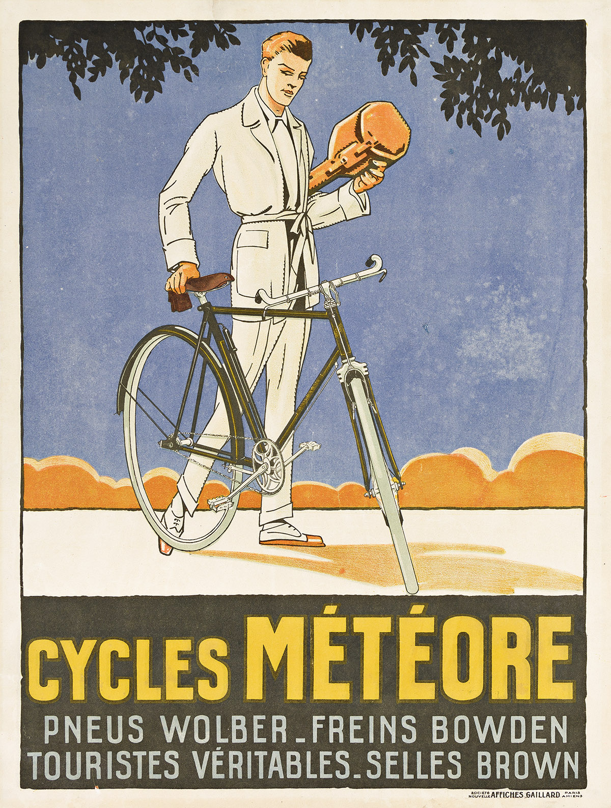 DESIGNER UNKNOWN. CYCLES MÉTÉORE / PNEUS WOLBER. 1926. 30¾x23 inches, 78x58½ cm. Affiches Gaillard, Paris.
